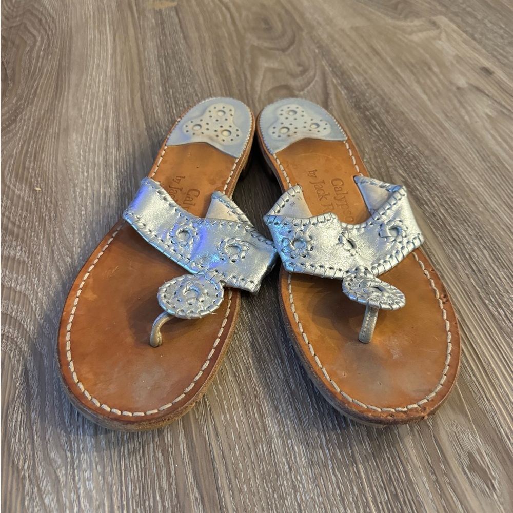 Jack Rogers Silver and Brown Sandals with Whipstitch Detail